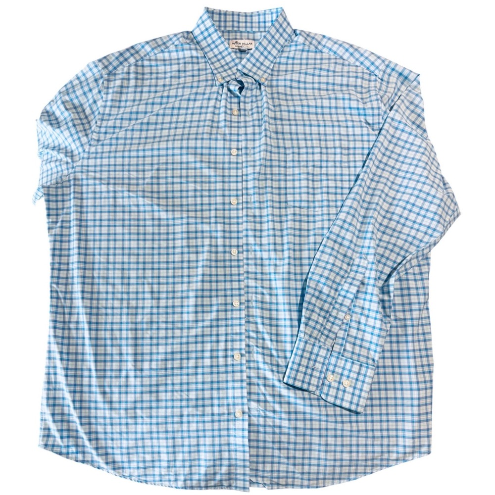 Peter Millar Shirt Mens XL Blue Plaid Comfort Performance Stretch Button Up